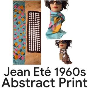 2️⃣1960s Scarves Set | Brown+White Silk Dots & Teal Geometric Acetate Jean Eté